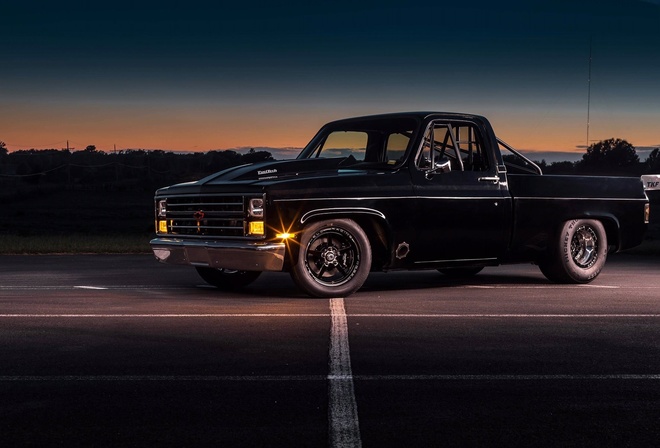 C 10, Truck, Black, Pro Street, Chevrolet, Night