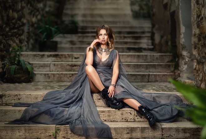 model, gray dress, beauty, sitting, boots, pose