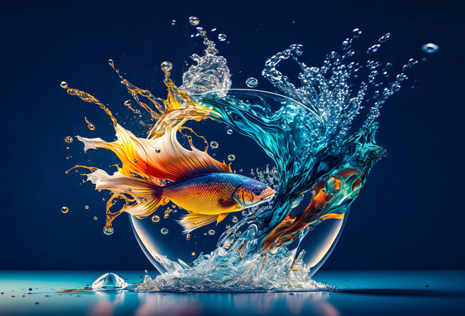 AI, Art Digital, Peixe, 3D, Abstrato, Colorido, Agua