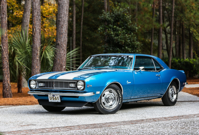 1968, blue, camaro, muscle, classic, z28, white stripes