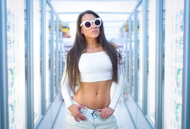 long hair, white top, sunglasses, beauty, model, jeans, brunette