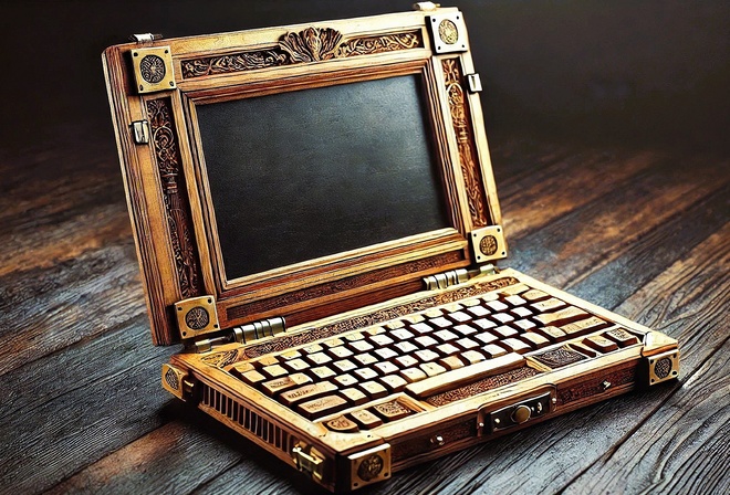 retro, laptop, wooden design, vintage, antique, ornate, steampunk, technology, rustic, unique