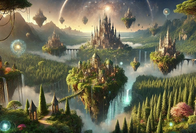 fantasy, floating city, magical landscape, enchanted forest, surreal, mystical, clouds, waterfalls, fantasy architecture, dreamscape