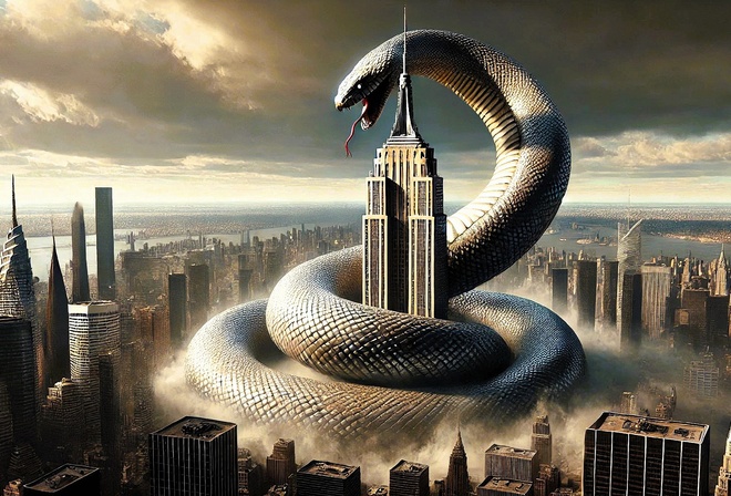 giant snake, New York City, skyscraper, surreal, urban fantasy, cityscape, monster, fantasy creature, epic, surrealism