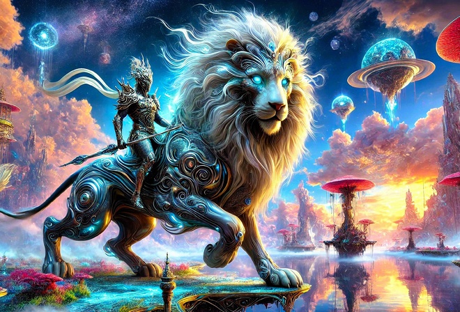 warrior, giant lion, fantasy landscape, magical world, floating islands, surrealism, glowing mushrooms, cosmic sky, mystical creature, epic fantasy