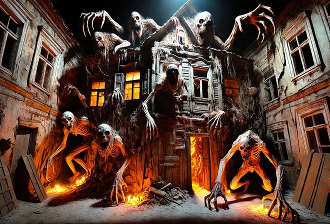 haunted house, horror, monsters, creepy, skeletons, abandoned, spooky, night, terrifying, shadows