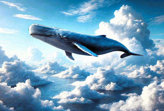 whale, sky, clouds, surreal, flying whale, dreamlike, nature, fantasy, ocean, blue