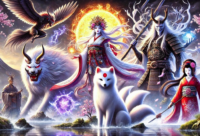 Japanese mythology, gods, spirits, kitsune, samurai, fantasy, cherry blossoms, traditional attire, fox, divine beings, mythology