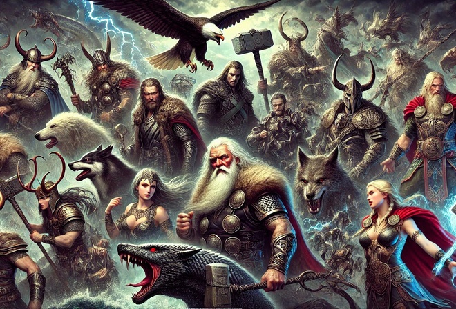 Norse mythology, gods, warriors, Vikings, Thor, Odin, Loki, wolves, Mjolnir, Valkyrie, epic battle, fantasy art