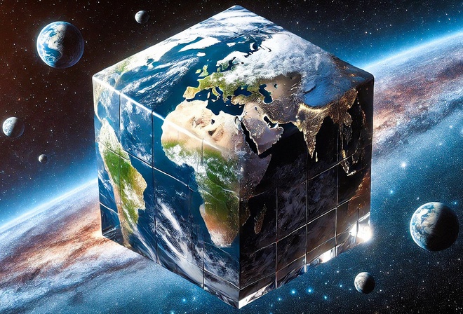 cube-shaped Earth, outer space, surreal earth, cosmic background, planetary transformation, galaxy view, creative earth concept, alternate reality, space exploration, unique planet