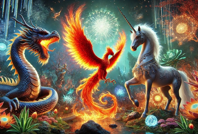 fantasy creatures, dragon, phoenix, unicorn, mystical battle, vibrant colors, enchanted forest, glowing flowers, magical ambiance, mythical showdown