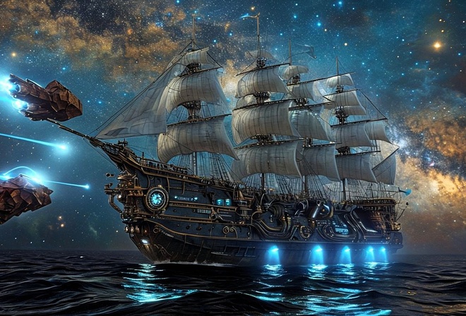 steampunk ship, space sailing, starry sky, cosmic voyage, futuristic sails, comet trails, nautical sci-fi, celestial exploration, ocean meets space, glowing blue engines