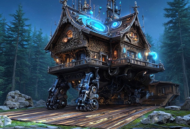 futuristic house, mechanized structure, forest setting, night sky, glowing technology, steampunk vibes, advanced architecture, robotic legs, enchanted forest, cosmic energy