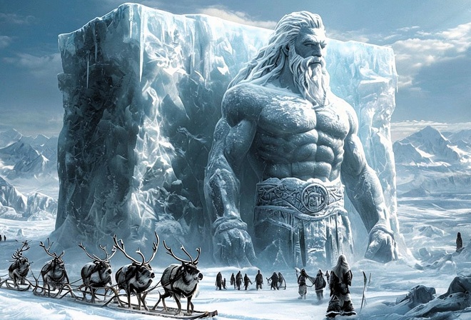 epic fantasy, giant icy statue, Arctic landscape, frozen giant, Norse mythology, snow-covered mountains, reindeer sleigh, ancient travelers, winter wilderness, majestic frozen sculpture