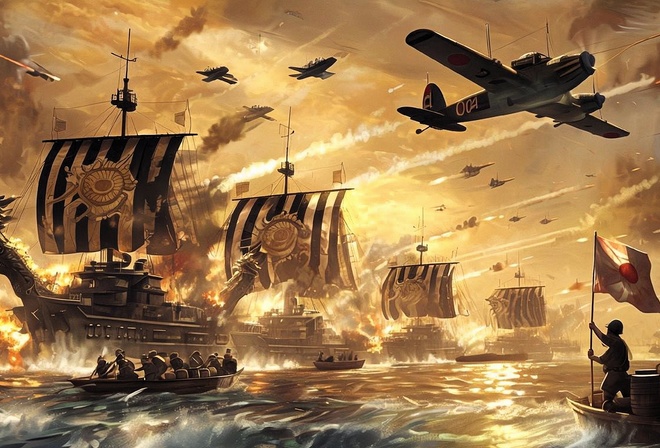 orld War II, naval battle, blazing ships, historical warfare, fighter planes, Japanese flag, dramatic sky, intense combat, military ships, ocean battle