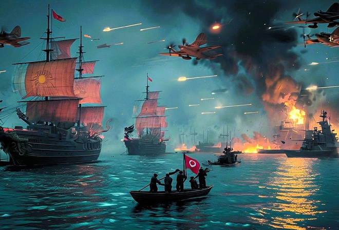 naval battle, neon noir, cyberpunk aesthetic, blazing ships, fighter planes, dramatic sky, intense combat, dragon-headed ships, futuristic warfare, ocean battle