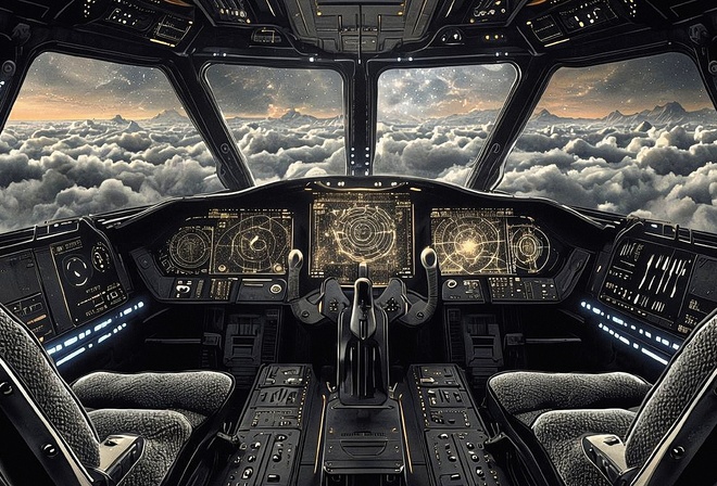 cockpit, futuristic, holographic displays, technology, controls, flight deck, scenic view, clouds, sci-fi, advanced