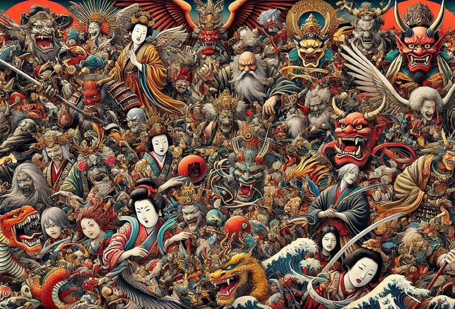 Japanese mythology, folklore, demons, samurai, dragons, art, traditional, mythology, intricate, cultural