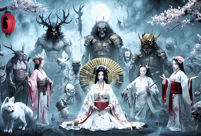 Japanese mythology, folklore, demons, samurai, dragons, art, traditional, mythology, intricate, cultural