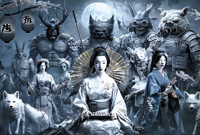 Japanese mythology, folklore, demons, samurai, dragons, art, traditional, mythology, intricate, cultural