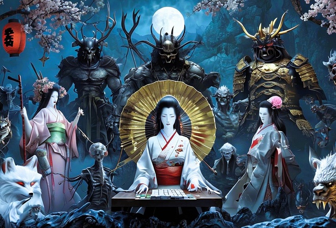 Japanese mythology, folklore, demons, samurai, dragons, art, traditional, mythology, intricate, cultural