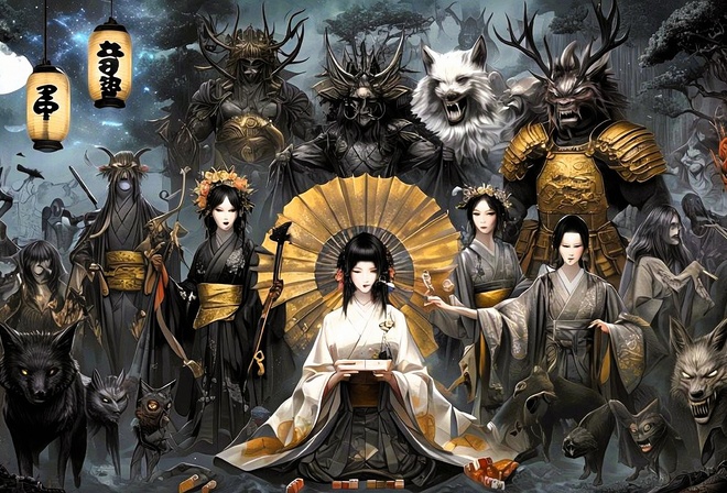 Japanese mythology, folklore, demons, samurai, dragons, art, traditional, mythology, intricate, cultural