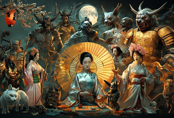 Japanese mythology, folklore, demons, samurai, dragons, art, traditional, mythology, intricate, cultural