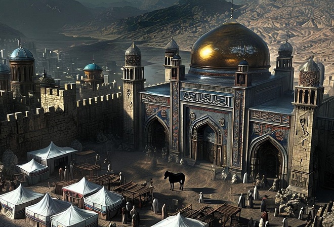 Middle Eastern, cityscape, mosque, market, fantasy, architecture, domes, ancient, desert, culture, traders, tents, historical, traditional, mountains, intricate, Arabian, bustling, exotic, trade