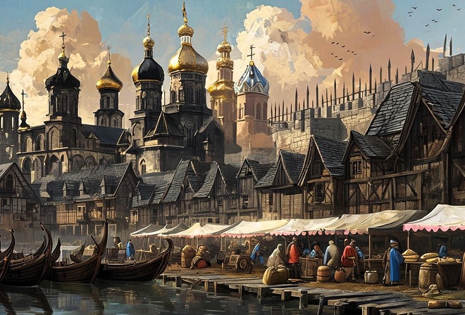 medieval, Russian, cityscape, nostalgic, retro-futurism, architecture, river, market, boats, domes, spires, wooden, rustic, towers, trade, sunrise, history, culture, Slavic, atmosphere