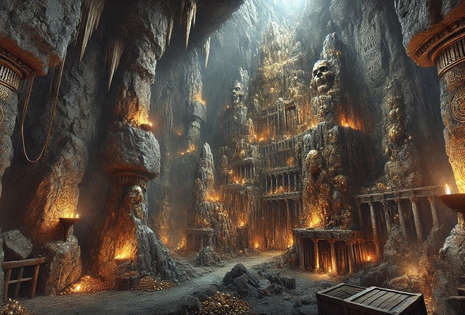 underground temple, ancient, torches, mystical, stone pillars, carvings, golden glow, eerie, hidden sanctuary, ancient civilization, sacred, treasure, dark cavern, ancient architecture, mysterious, relics, dim light, ancient symbols, mysterious glow, expl