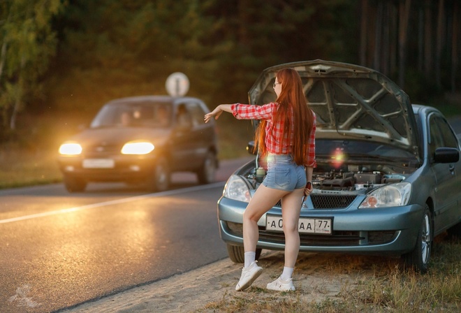 , model, jean shorts, women outdoors, Sergey Sergeev, ass, road, redhead, women with cars, nature, plaid shirt, Nadezhda Tretyakova, women, women with glasses, long hair, sneakers