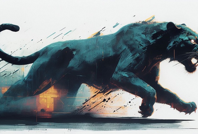 black panther, illustration, neon noir, cyberpunk, dynamic, fierce, action, energy, abstract, urban, motion, expressive, digital art, vibrant, wild, intense, stylized, futuristic, predator, powerful