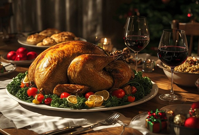 holiday, table, roasted turkey, wine glasses, festive, candles, Christmas, decorations, dinner, feast, food, celebration, cozy, warm lighting, red ornaments, family, gourmet, tradition, serving, luxury