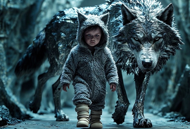 Keywords: cyberpunk, child, metallic wolf, futuristic, dark, runway, companionship, wolf ears, intense gaze, adventure, sci-fi, wilderness, surreal, duo, neon, mysterious, high-tech, resilience, bond, dystopian