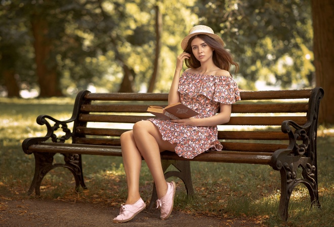 Stanislav Maximov, summer dress, brunette, women outdoors, park, , model, women with hats, bench, trees, straw hat, sitting, brown eyes, books, grass