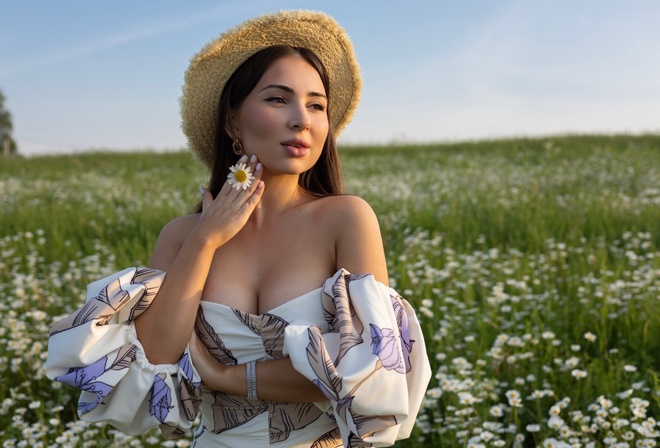 chamomile, model, dress, , brunette, flowers, field, women outdoors, straw hat, nature, sky, summer dress, clouds, neckline, 