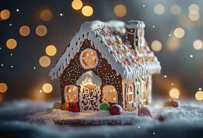 : gingerbread house, Christmas decor, festive mood, winter atmosphere, decoration, snowy background, fairytale scene, holiday lights, winter coziness, icing, confectionery art, candy, winter, coziness, sweets, festive table, decorative cookies, snowflakes