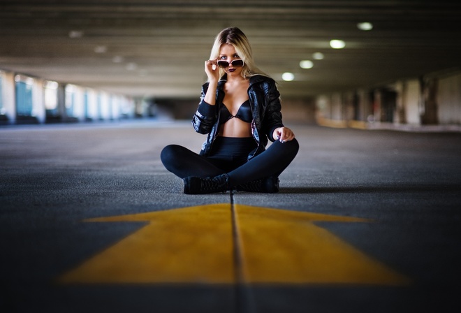 blonde, sitting, bra, jacket, leggings, beauty, sunglasses, pose