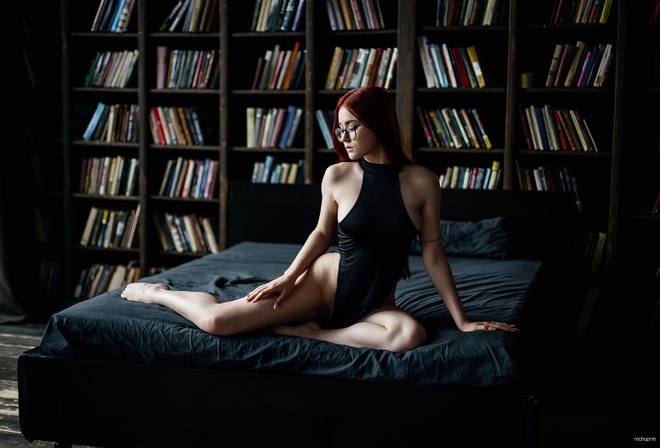 Maksim Chuprin, Nadezhda Tretyakova, redhead, in bed, women indoors, model, , women with glasses, women, hips, black dress