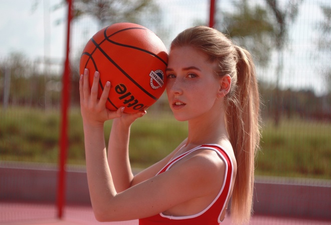 basketball, blonde, looking at viewer, , ponytail, model, women outdoors, sky, freckles, ball, sport, long hair