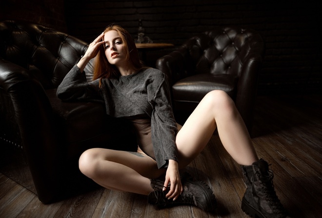 model, Alexander Karalidze, , redhead, black bodysuit, armchair, women, boots, tattoo, hips, on the floor, women indoors, ass