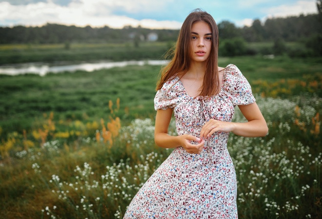 Sergey Bogatkov, summer dress, field, , brunette, nature, , model, clouds, sky, women, flowers