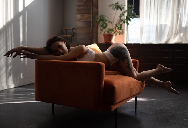 brunette, bent over, Alexander Nesterenko, brunette, ass, white tops, couch, women, white panties, plants, window, , orange couch, model, curtains, women indoors