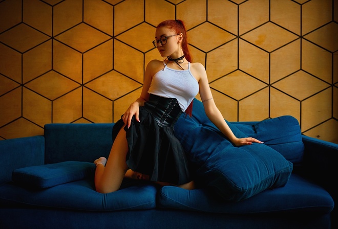 Sergey Bogatkov, redhead, miniskirt, black skirt, women indoors, women with glasses, , tattoo, Nadezhda Tretyakova, model, tank top, women, blue couch, kneeling