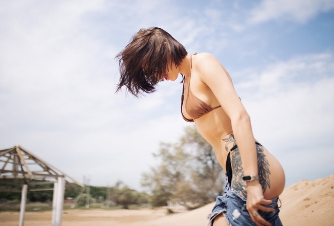 brunette, bikini, Alexander Nesterenko, , hips, sky, women outdoors, model, clouds, jean shorts, women, tattoo, ass