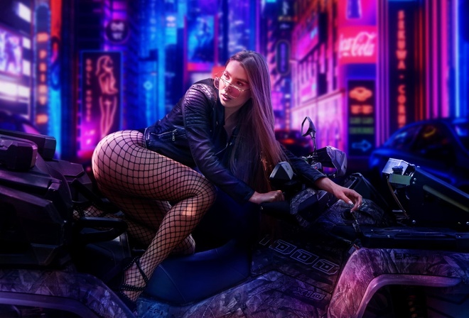 futuristic, brunette, bodysuit, , ass, women outdoors, model, hips, fishnet pantyhose, women, legs, leather jacket, women with glasses