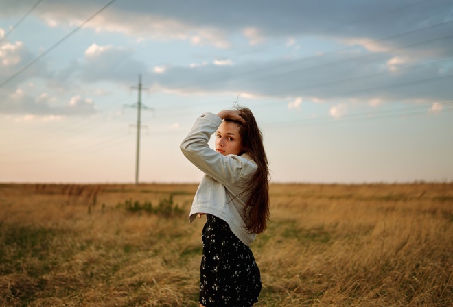 black dress, brunette, field, denim jacket, , grass, model, women outdoors, sky, clouds, long hair