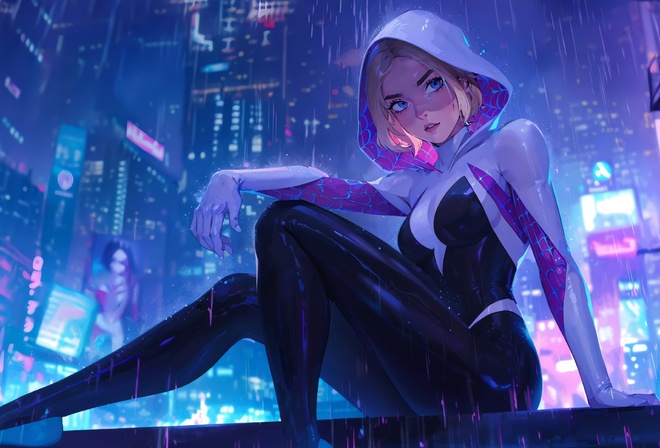 Spider Gwen, Gwen Stacy, bodysuit, blonde, rain, city, night, blue eyes, Spider-Man, Spider-Man: Into the Spider-Verse, digital art