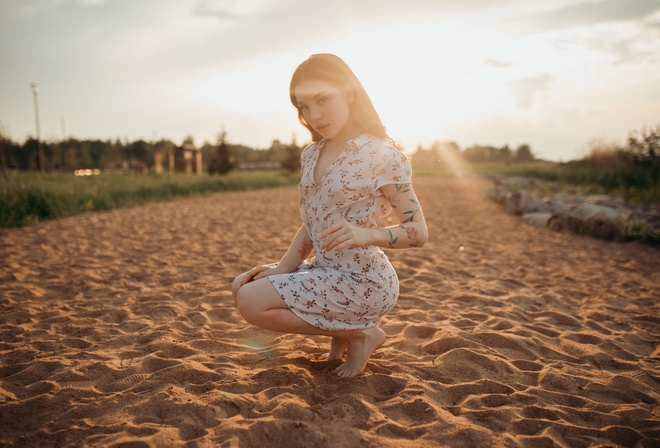 squatting, summer dress, brunette, barefoot, , women, sky, women outdoors, clouds, women, sand, tattoo, model