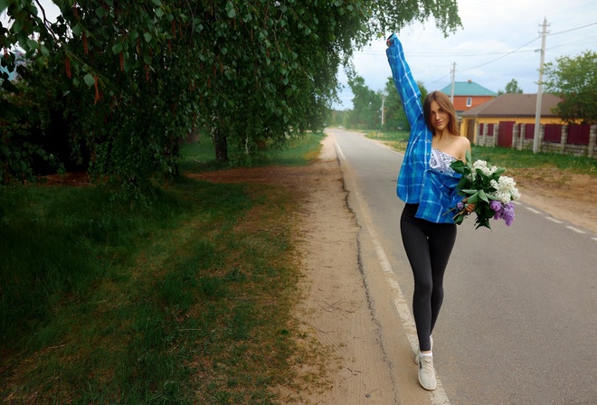 Sergey Bogatkov, , outdoors, leggings, brunette, model, road, trees, flowers, grass, sneakers, sky, clouds, plaid shirt, hips, blouse